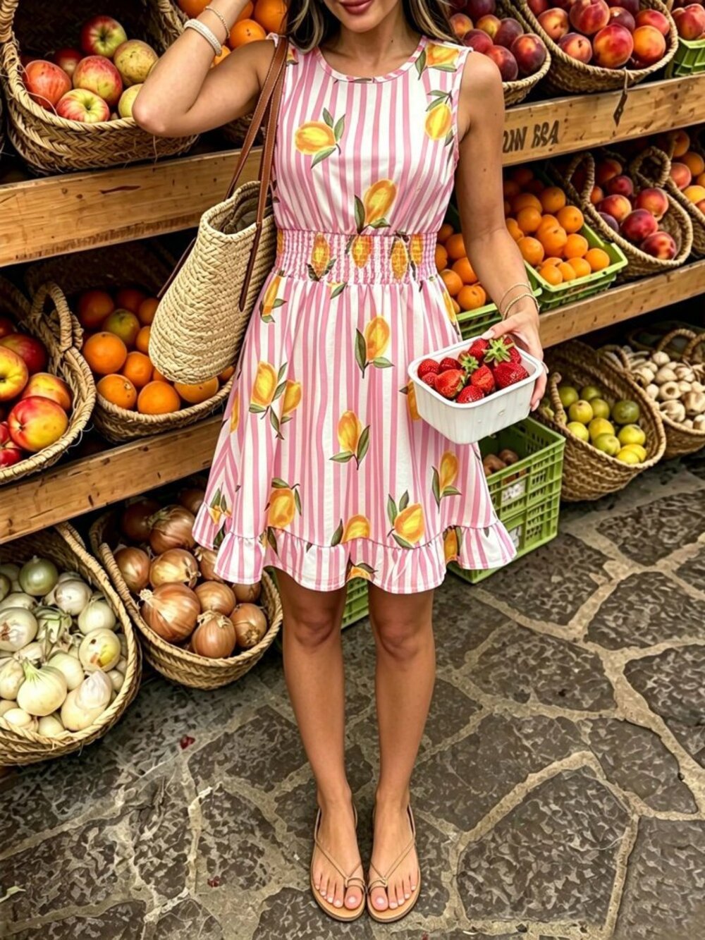 Casual Women's pink stripe lemon print ruffled hem mini Dress - Picture 3 of 4